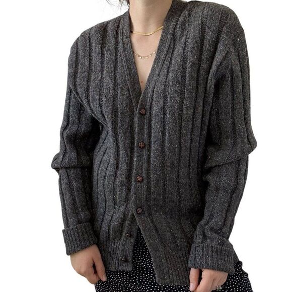 Vintage 1970s Kreeger Unisex Gray Donegal Wool Dark Academia Chunky Cardigan L - Picture 4 of 11